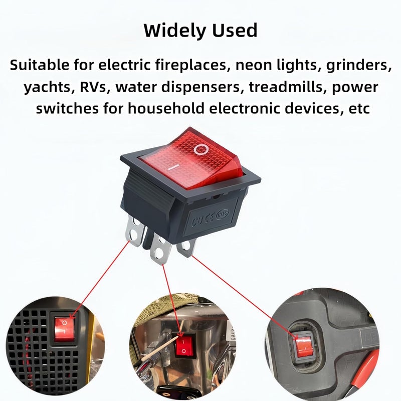 Uiivup 1Pcs KCD4-16A/250V 20A/125V AC on/Off Switch，Red Light 4 Pin Rocker Switch,Suitable for Water dispensers, Motorcycle Lights, Toy Cars, Treadmills, Electronic Device Power switches,ect - Image 3